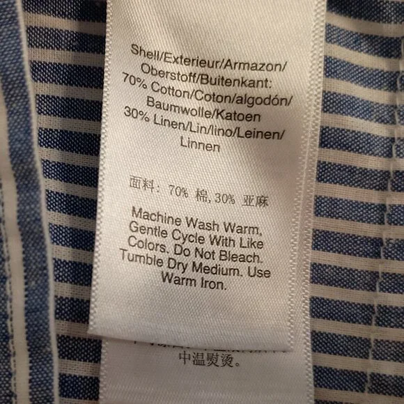 DKNY Comfy Blue White Stripe Linen Blend Sleeveless V-Neck Collared Shirt Wmn L - Picture 5 of 14